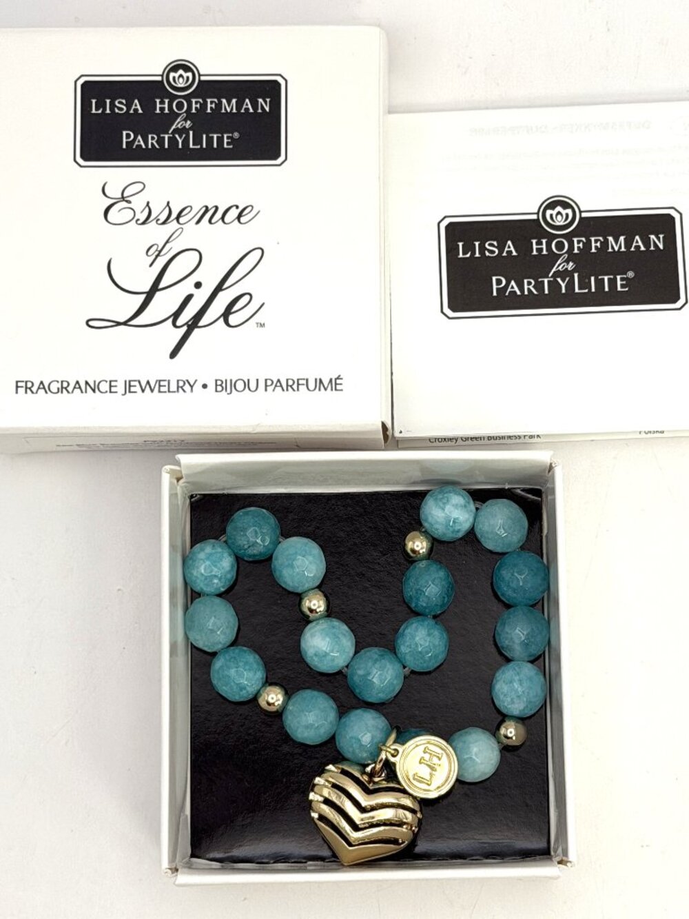 Lisa Hoffman PartyLite Sea Blue Stone Fragrance Bracelet Heart Charm P92317